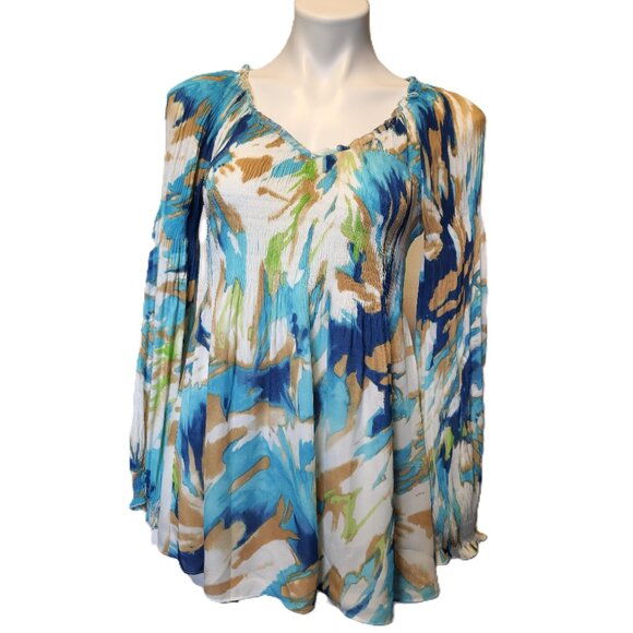 Sunny Leigh boho top Women's small pleated blouse multicolor babydoll V-neck - Picture 1 of 16